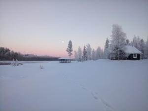 ブオカッティにあるVuokatti Cottagesの山小屋を背景にした雪原