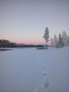 ブオカッティにあるVuokatti Cottagesの雪に覆われた湖の上に座るピクニックテーブル