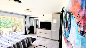a bedroom with a bed and a tv and a painting at Tranquillity in a modern unit in Bazugues