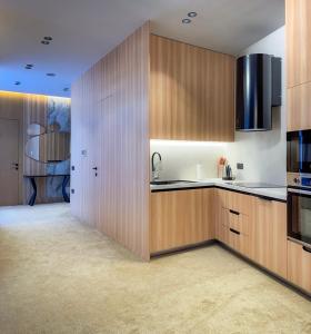 a kitchen with wooden cabinets and a sink at Vatër by the lake in Shirokë