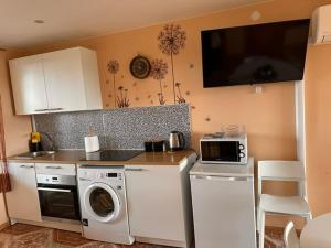 a kitchen with a washing machine and a microwave at Venta City Apartment in Venta