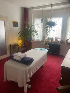 a bedroom with a white bed with a red carpet at Ferienwohnung Lindenstraße in Pirna