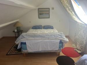 a bedroom with a large bed in a attic at Hortensia in Carnoët