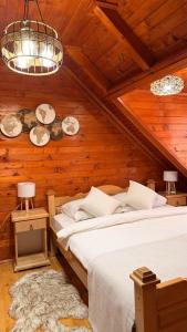 a bedroom with a bed and plates on the wall at Mountain Paradise House in Žabljak