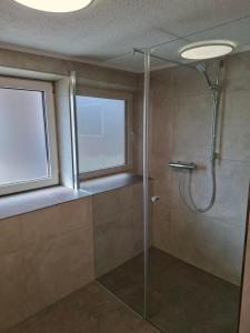 a bathroom with a shower with a glass door at Landhaus Gollner in Uderns +27 photos