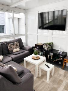 a living room with a couch and a table at Apartamentos Campus Arzúa in Arzúa