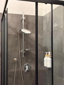 a shower in a bathroom with a glass door at Nonna Consolata Studio - 25 min to Cagliari & Beaches in Dolianova