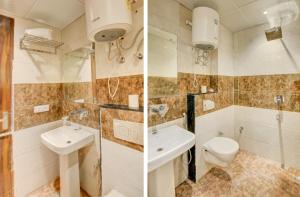 two pictures of a bathroom with a sink and a toilet at Hotel Smart Premier -Delhi Airport in Behror