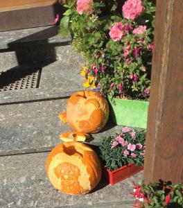 three pumpkins with faces painted on them next to flowers at Ferienhaus Trautner in Muggendorf