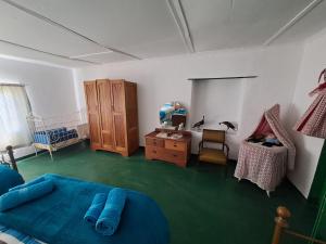 a bedroom with a blue bed and a desk at Verbe Farm Accommodation in Kamieskroon