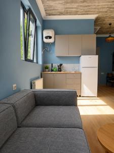 a living room with a couch and a kitchen at Apartment MILU in Mestia