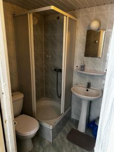 a bathroom with a shower and a toilet and a sink at U Jaśka in Darłowo