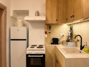 a kitchen with a white refrigerator and a stove at Meliti Home in Therma