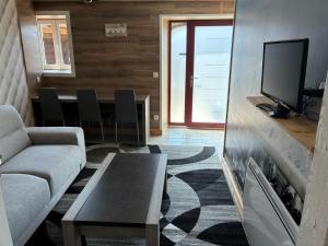 a living room with a couch and a tv at Les Roses Des Bois in Murat-le-Quaire