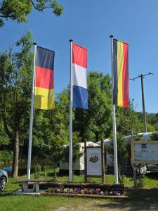 three flags on poles in a park with a sign at Ardennen Karreke in Durbuy