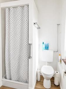 a bathroom with a toilet and a shower curtain at rooms lux city in Luxembourg