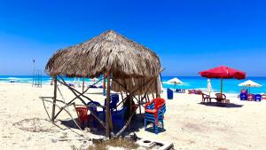 a group of chairs and umbrellas on a beach at Beachfront Villa Sea View First Row in Dawwār ‘Abd Allāh +7 photos