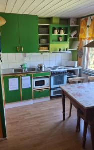 a kitchen with green cabinets and a wooden table at Sundqvistens basement in Emkarby
