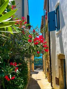 a narrow alley with red flowers on a building at Biba Holiday in Omišalj