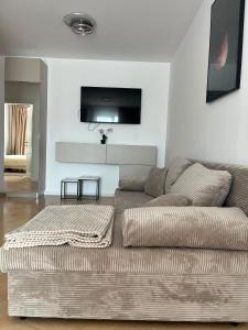 a living room with a couch and a flat screen tv at Luna Residence in Baia Mare