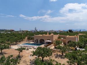 an aerial view of a house with a swimming pool and trees at Oinopia Country Villas in Egina