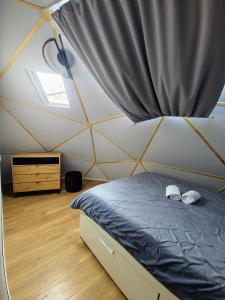 a bedroom with a bed with a curtain and a dresser at Dom Vladeasa in Rogojel +22 photos