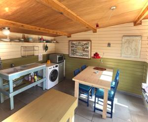 a kitchen with a table and a washing machine at Slaaphutje BuitenWedde Westerwolde in Wedde