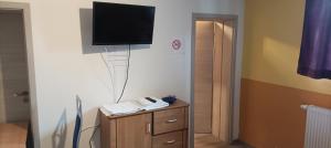 a room with a television and a basketball hoop on a wall at Pension Johnnys in Görlitz