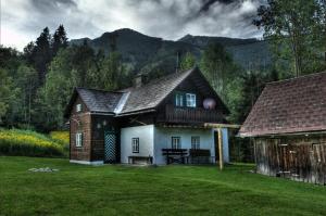 a white house with a black roof in a yard at Stegerhütte in Hinterstoder