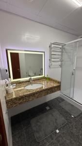 a bathroom with a sink and a mirror and a shower at Смак Бажання in Sebino