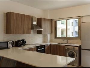 a kitchen with a sink and a dishwasher at Halcyon Central Apartments in Larnaca
