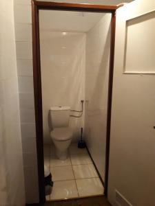 a small bathroom with a toilet in a room at Camping ZAMEK C1 in Giżycko
