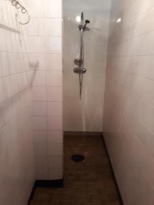 a bathroom with a shower with a hole in the floor at Camping ZAMEK C1 in Giżycko