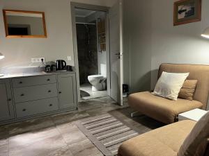 a bathroom with a couch and a sink and a toilet at Boutique Hotel Roja in Roja +75 photos