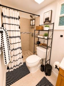 a bathroom with a toilet and a shower at The Arlington Hideaway in Jacksonville