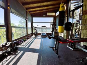a gym with some equipment in a room with windows at Chateau Fasel in Tirana