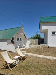 two chairs sitting in the grass in front of a house at Jezerina in Šavnik