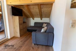 a living room with a couch and a tv at Wieserhof Sellrain in Sellrain