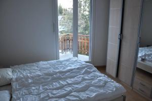 a bedroom with a bed and a large window at Immeuble La Foret in Vex