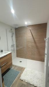 a bathroom with a shower with a glass door at Chambre d'hôtes Bidegaina in Ahetze +9 photos