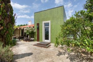 a green house with a white door at d'Olívia Lovely Homes in Cela