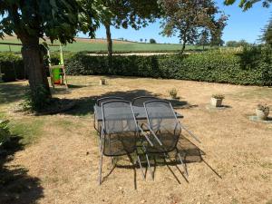 a metal chair sitting in the grass under a tree at Meublé BLEU in Réaumur