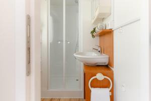 a bathroom with a sink and a shower at Bol Cutie in Murvica