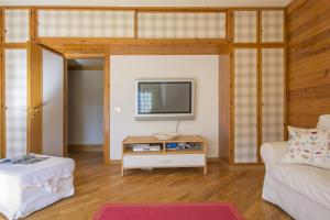 a living room with a couch and a tv at Pescasseroli Appartamento Panoramico in Pescasseroli