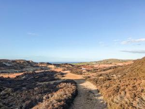 a dirt road in the desert with the ocean in the background at Ty Bobbet in Amlwch