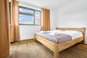 a bedroom with a bed and a large window at Enzian by Mountain ways in Loučná pod Klínovcem