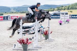 a woman riding a horse jumping over an obstacle at Pension Jezerná in Zduchovice