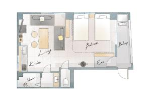 a floor plan of a bathroom with furniture at Liminal in Atami +54 photos