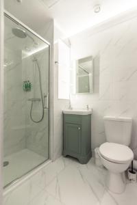 a bathroom with a shower and a toilet and a sink at Cloonacauneen Castle in Galway