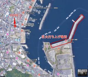 a map of a city with red circles at Liminal in Atami